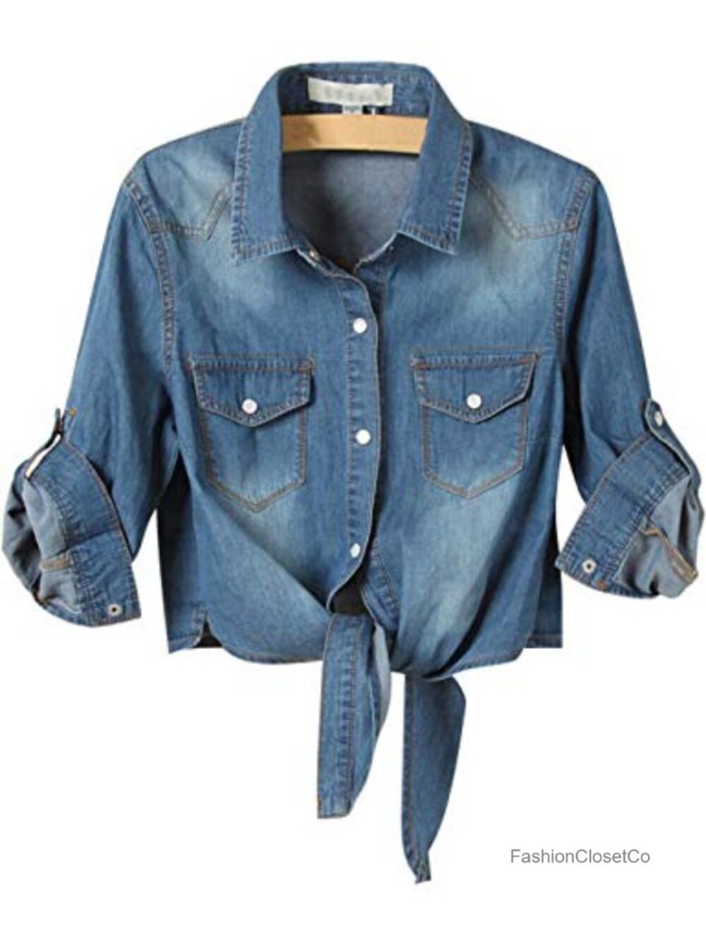 Women's Denim Crop Top Shirt 3/4 Sleeve Tie Front Chambray Button Down